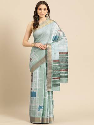 Silk Land Turquoise Digital Print Soft Silk Blend Saree With Unstitched Blouse Piece 2