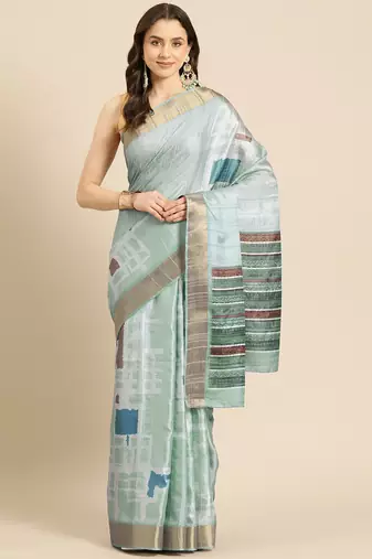 Silk Land Turquoise Digital Print Soft Silk Blend Saree With Unstitched Blouse Piece