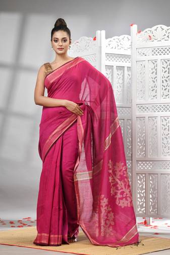 Rani cotton blend solid body design pallu handloom saree