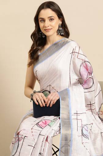 Silk land white digital print soft silk saree with unstitched blouse piece