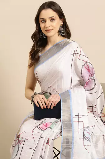 Silk land white digital print soft silk saree with unstitched blouse piece