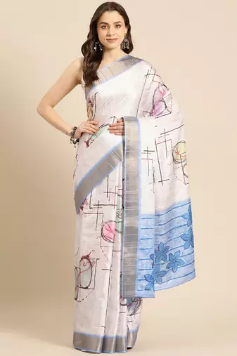 Silk land white digital print soft silk saree with unstitched blouse piece