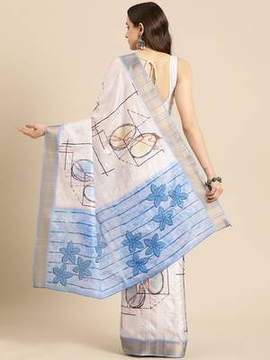 Silk land white digital print soft silk saree with unstitched blouse piece 3