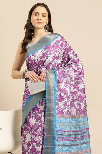 Silk Land Purple Digital Print Soft Silk Blend Saree With Unstitched Blouse Piece