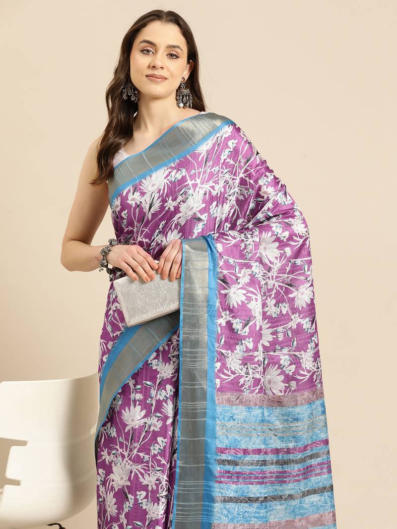 Silk Land Purple Digital Print Soft Silk Blend Saree With Unstitched Blouse Piece