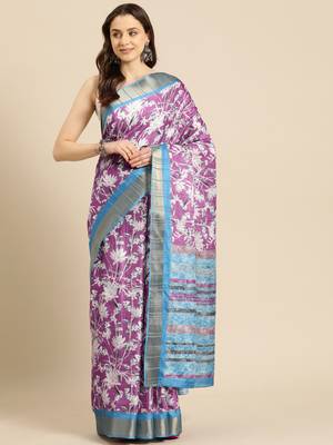 Silk Land Purple Digital Print Soft Silk Blend Saree With Unstitched Blouse Piece 2