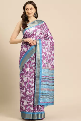 Silk Land Purple Digital Print Soft Silk Blend Saree With Unstitched Blouse Piece