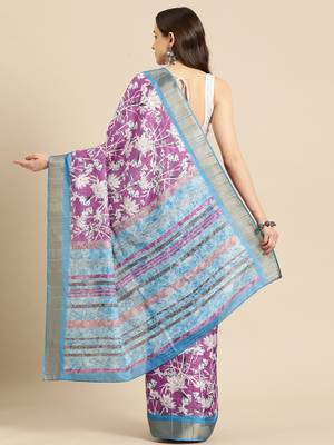 Silk Land Purple Digital Print Soft Silk Blend Saree With Unstitched Blouse Piece 3