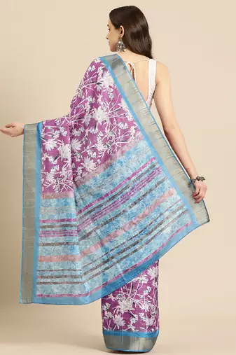 Silk Land Purple Digital Print Soft Silk Blend Saree With Unstitched Blouse Piece
