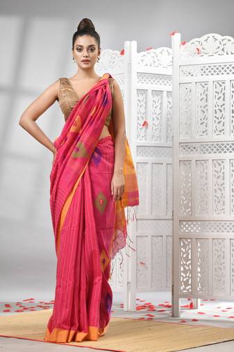 Rani cotton blend all body motive with yellow pallu handloom saree