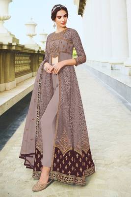 Violet embroidered and diamond work netted anarkali suit 2
