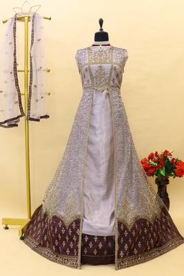 Violet embroidered and diamond work netted anarkali suit 3