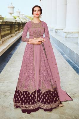 Pink embroidered and diamond work netted anarkali suit 1