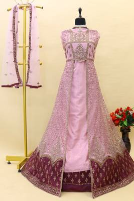 Pink embroidered and diamond work netted anarkali suit 3