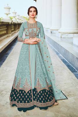 Aqua blue embroidered and diamond work netted anarkali suit 1