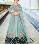 Aqua blue embroidered and diamond work netted anarkali suit