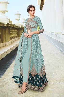 Aqua blue embroidered and diamond work netted anarkali suit 2