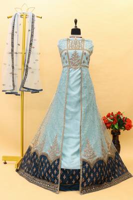 Aqua blue embroidered and diamond work netted anarkali suit 3