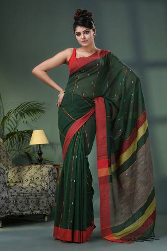Bottle green cotton handloom saree