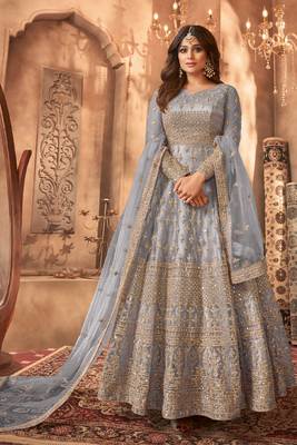 Grey embroidered wedding anarkali gown With Bottom & Dupatta 1