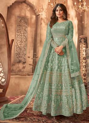Aqua blue embroidered wedding anarkali gown 1