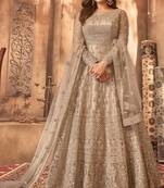 Shamita Shetty Beige golden multi embroidered wedding anarkali gown