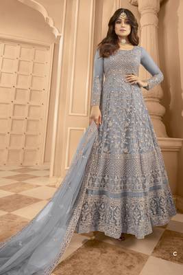 Dark grey embroidered anarkali gown 1