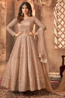 Beige embroidered wedding anarkali gown 1