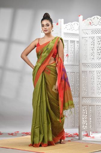 Pista cotton blend all body motive with red pallu handloom saree