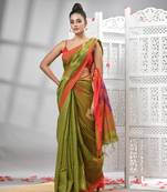 Pista cotton blend all body motive with red pallu handloom saree