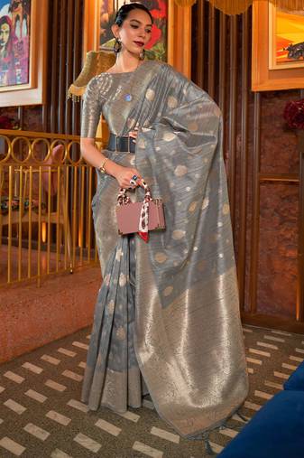 Grey Designer Banarasi Tussar Silk Saree With Blouse For Women