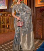 Grey Designer Banarasi Tussar Silk Saree With Blouse For Women
