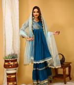 Teal blue colour girlish dress for stylish partywear looks