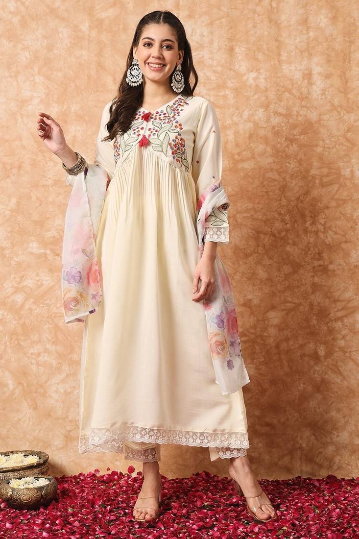 Cream colour beautifully ethnic embroidered dress for party looks - KSM  PRINTS - 4292785