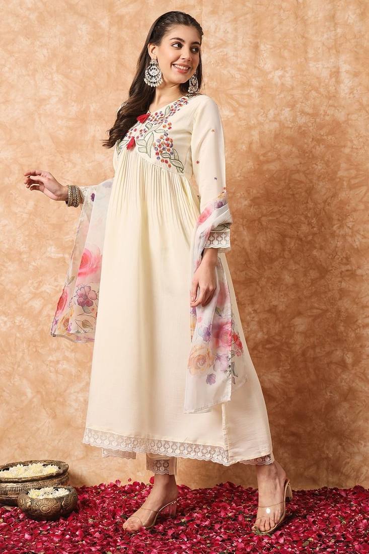 Cream colour beautifully ethnic embroidered dress for party looks - KSM  PRINTS - 4292785