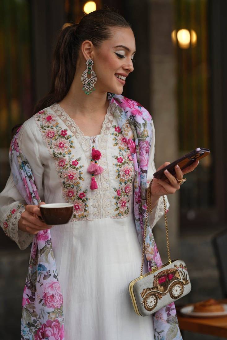 White colour beautifully ethnic embroidered dress for party looks - KSM  PRINTS