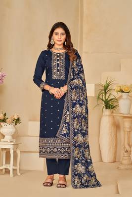 Beautiful blue colour designer embroidery work salwar kameez with smart print 1