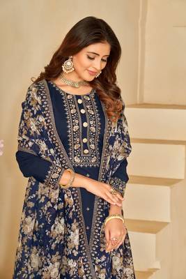Beautiful blue colour designer embroidery work salwar kameez with smart print 2