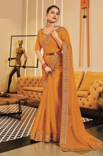 Yellow Ethnic And Classy Heavy Embroidered Partywear Saree