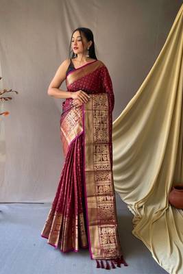 Weaving zari Heavy Maroon Traditional Partywear Saree 1