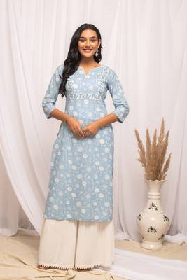 Sky blue colour printed cotton fabric ethnic long kurti 1