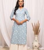 Sky blue colour designer printed cotton fabric ethnic long kurti