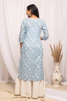 Sky blue colour printed cotton fabric ethnic long kurti 2