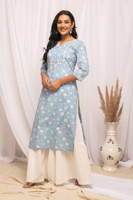 Sky blue colour printed cotton fabric ethnic long kurti 4
