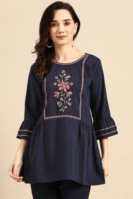 Navy blue colour viscose rayon fabric designer embroidered formal short kurti 1