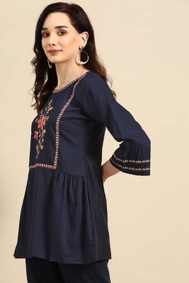Navy blue colour viscose rayon fabric designer embroidered formal short kurti 3