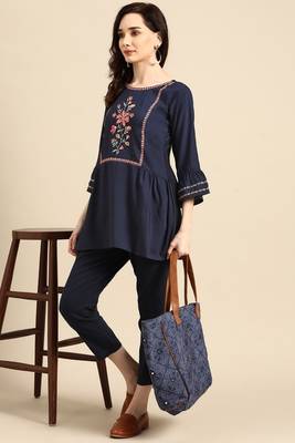 Navy blue colour viscose rayon fabric designer embroidered formal short kurti 4