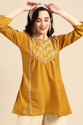 Mustard colour viscose rayon fabric designer embroidered formal short kurti 1