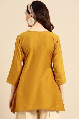 Mustard colour viscose rayon fabric designer embroidered formal short kurti 2