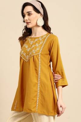 Mustard colour viscose rayon fabric designer embroidered formal short kurti 3